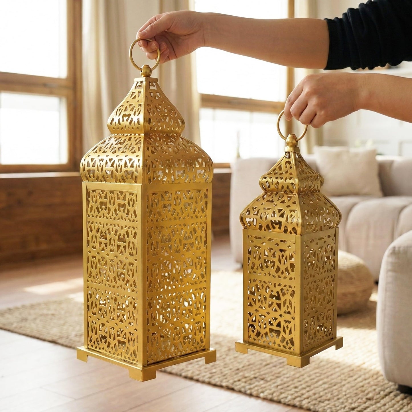 Golden Temple Moroccan Lantern Lamp Decorative Candle Holders for Ramadan Decorations, Hanging, Outdoor Patio or Porch, Indoor Home Decor, Gold, Set of 2 (11" a - Gold 11" and 15" - PT07
