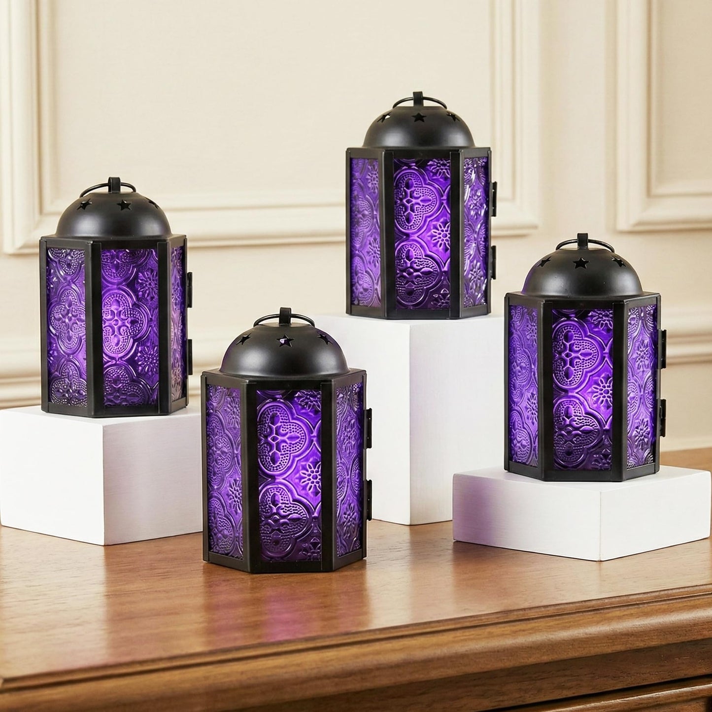 Mini Moroccan Tea Light Candle Holder Lanterns – 4.25" Small Decorative Lantern for Table or Hanging, Metal with Glass Panels – Ramadan, Wedding, Home Decor, Ro - Royal Purple 4 - MAIN