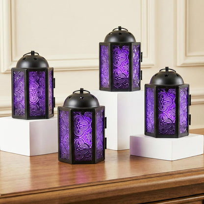 Mini Moroccan Tea Light Candle Holder Lanterns – 4.25" Small Decorative Lantern for Table or Hanging, Metal with Glass Panels – Ramadan, Wedding, Home Decor, Ro - Royal Purple 4 - MAIN