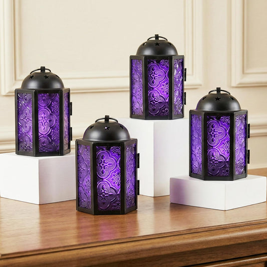 Mini Moroccan Tea Light Candle Holder Lanterns – 4.25" Small Decorative Lantern for Table or Hanging, Metal with Glass Panels – Ramadan, Wedding, Home Decor, Ro - Royal Purple 4 - MAIN