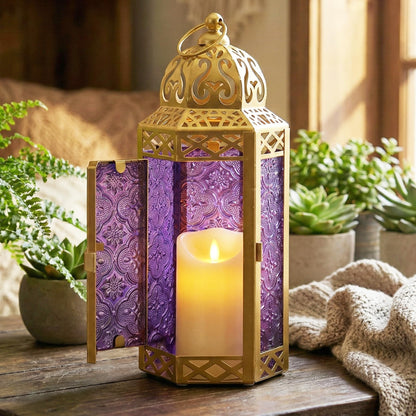 Gold Metal Decorative Moroccan Lantern Candle Holder Lamp - Indoor/Outdoor, Home Decor, Patio, Weddings, Christmas - Gold/Purple Medium - PT04