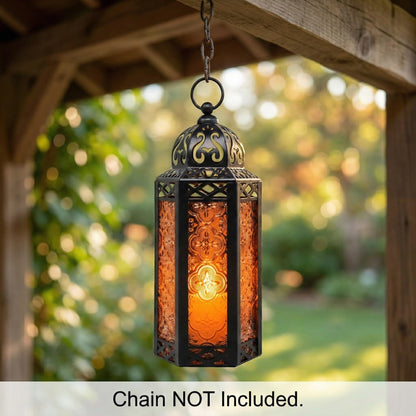Black Metal Decorative Moroccan Lantern Candle Holder Lamp - Indoor/Outdoor, Home Decor, Patio, Weddings, Christmas - Amber Medium - PT08