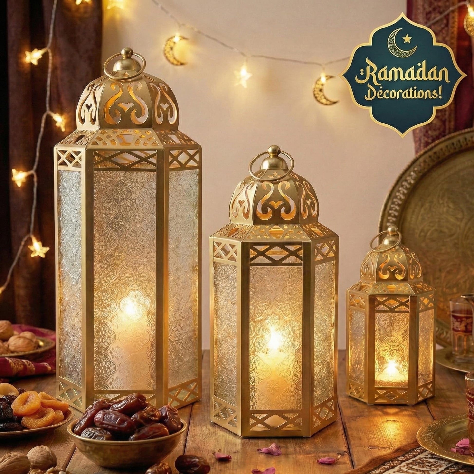 Set of 3 Clear Glass & Gold Metal Moroccan Candle Lantern Holders (XL, Large, Small) - Decorative Indoor/Outdoor Decor for Patio, Floor, Weddings & Ramadan - Gold 3 unidades - PT05