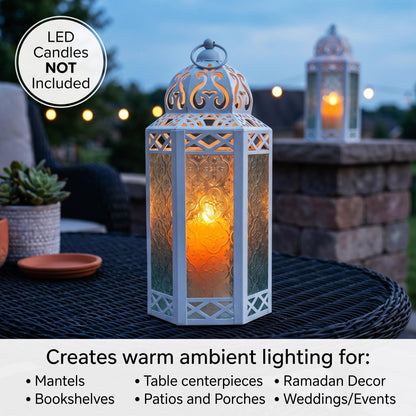 Black Metal Decorative Moroccan Lantern Candle Holder Lamp - Indoor/Outdoor, Home Decor, Patio, Weddings, Christmas - White/Clear Large - PT02