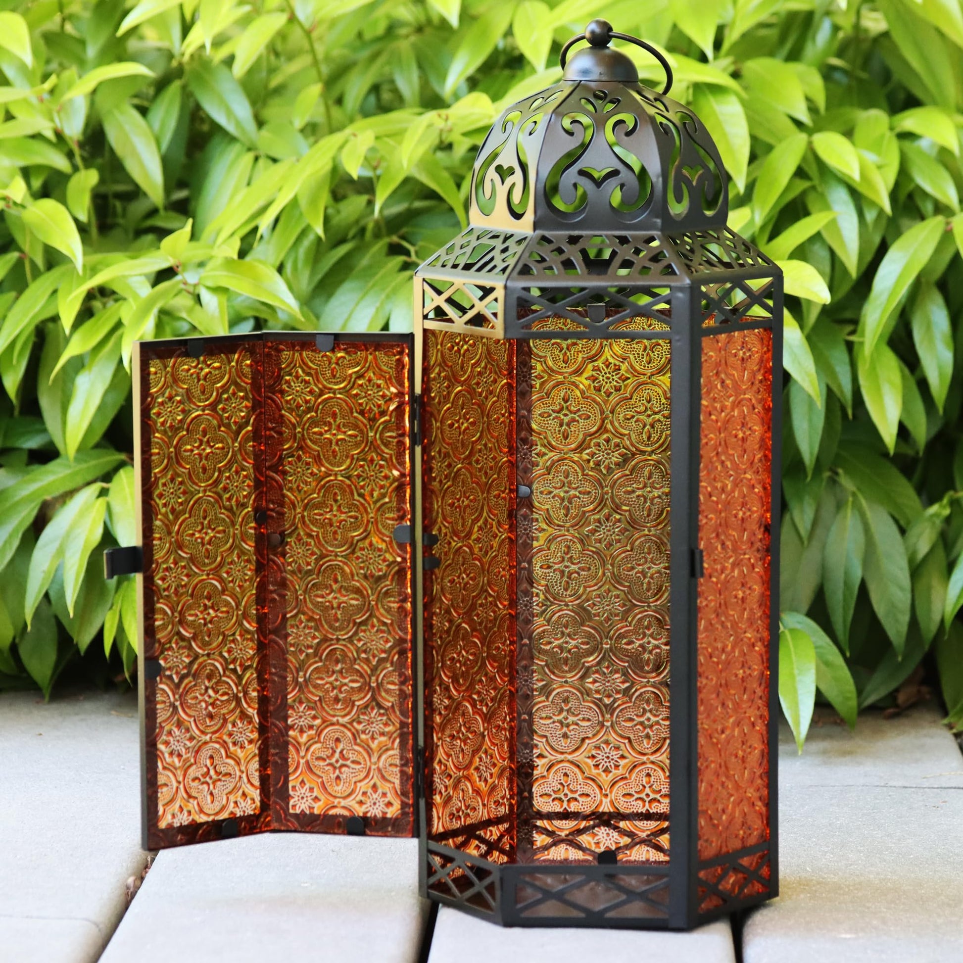 Black Metal Decorative Moroccan Lantern Candle Holder Lamp - Indoor/Outdoor, Home Decor, Patio, Weddings, Christmas - Amber Extra Large - PT02