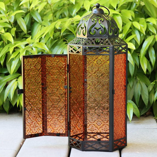 Black Metal Decorative Moroccan Lantern Candle Holder Lamp - Indoor/Outdoor, Home Decor, Patio, Weddings, Christmas - Amber Extra Large - PT02