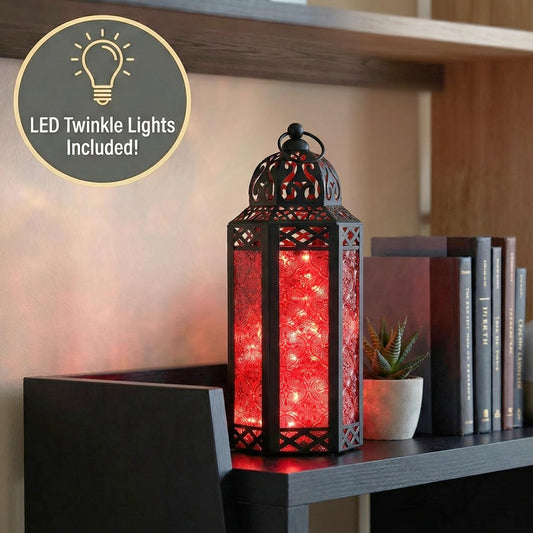 Metal Moroccan Decorative LED Fairy Lights Candle Lantern Holders for Indoor Home Fantasy Decor, Table Centerpieces, Outdoor Patio or Porch, Weddings, Medium - Red Medium - PT01