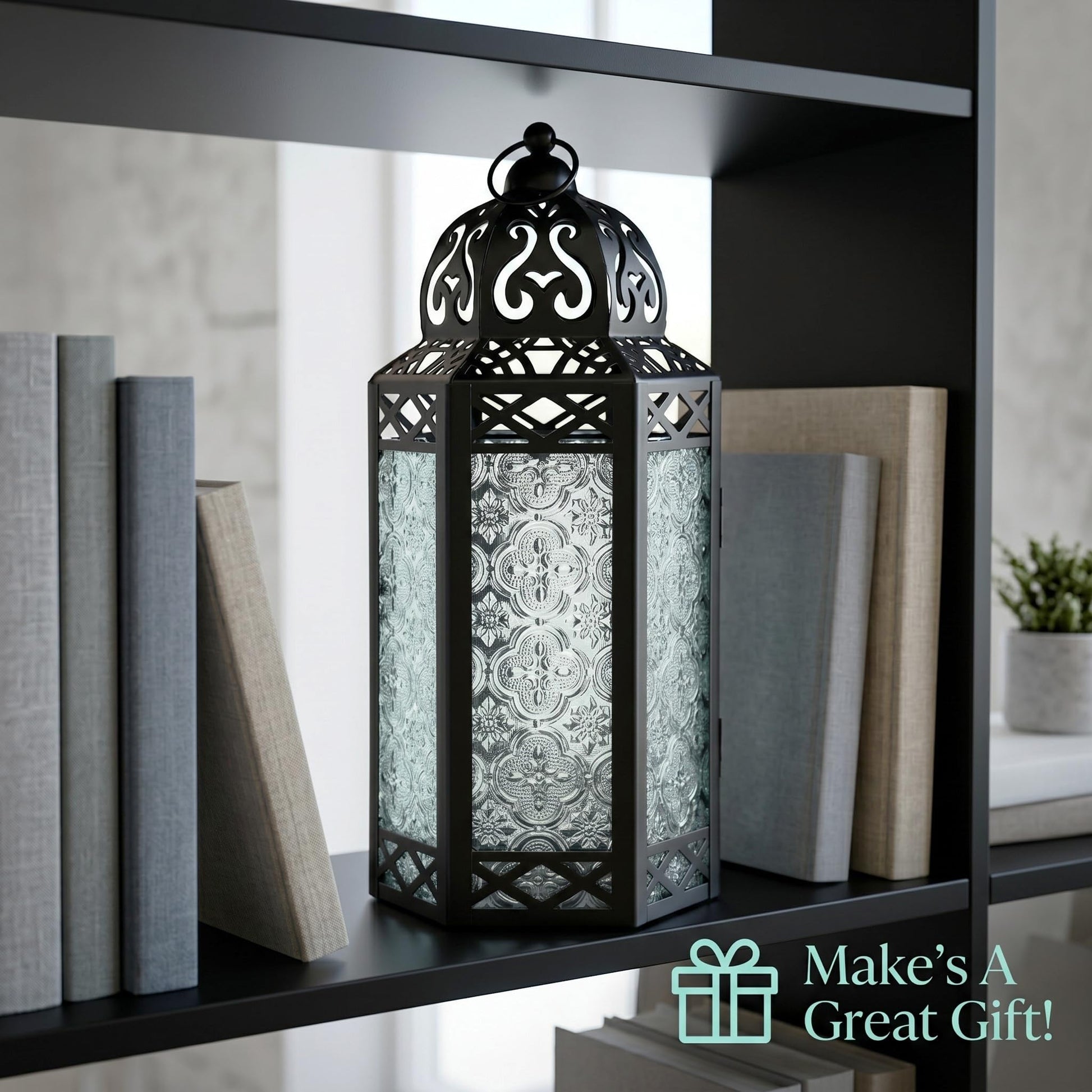 Black Metal Decorative Moroccan Lantern Candle Holder Lamp - Indoor/Outdoor, Home Decor, Patio, Weddings, Christmas - Clear Large - PT03