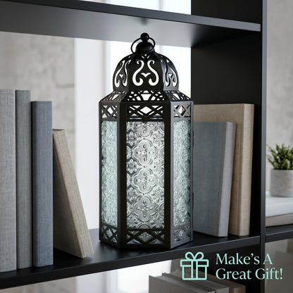 Black Metal Decorative Moroccan Lantern Candle Holder Lamp - Indoor/Outdoor, Home Decor, Patio, Weddings, Christmas - Clear Large - PT03