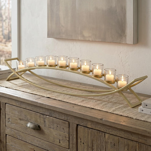36" Extra Long Iron Arch Table Centerpiece Decorations Long Candle Holder for Weddings, Patio, Kitchen, Dining Room, and Coffee Tables, Gold, Clear Chunky 10 Cu - Gold/Clear 10 Cup - PT01