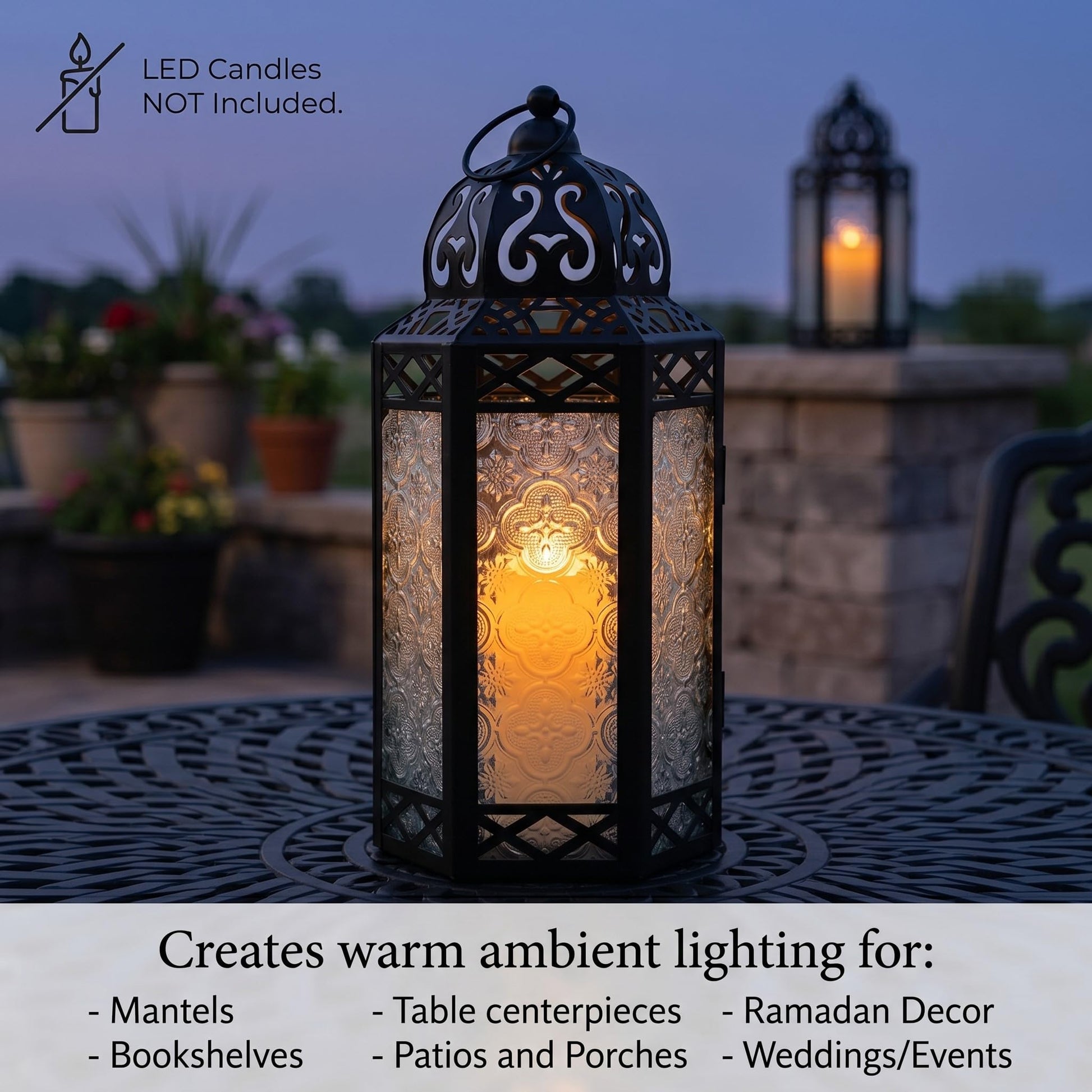 Black Metal Decorative Moroccan Lantern Candle Holder Lamp - Indoor/Outdoor, Home Decor, Patio, Weddings, Christmas - Clear Large - PT04