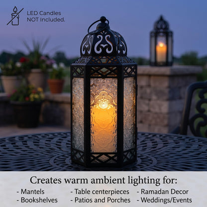 Black Metal Decorative Moroccan Lantern Candle Holder Lamp - Indoor/Outdoor, Home Decor, Patio, Weddings, Christmas - Clear Large - PT04