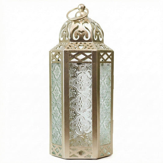 Black Metal Decorative Moroccan Lantern Candle Holder Lamp - Indoor/Outdoor, Home Decor, Patio, Weddings, Christmas - White Gold Medium - MAIN