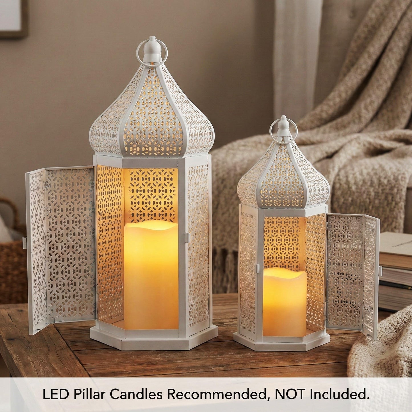 Tower Temple Moroccan Lantern Lamp Decorative Candle Holders - White Set of 2 - PT03