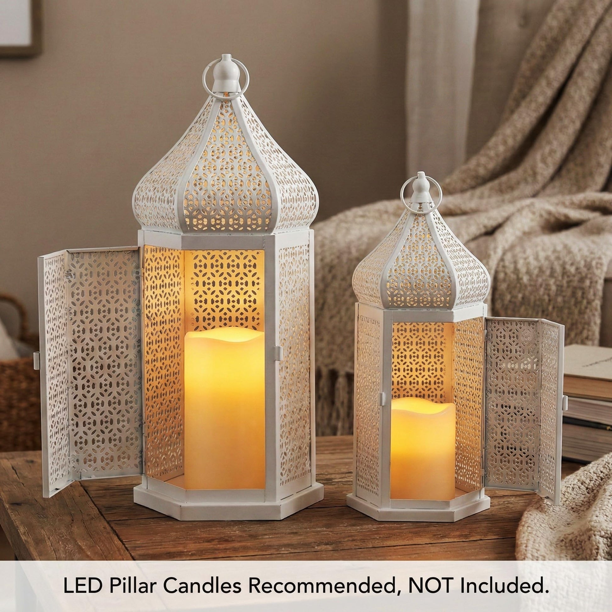 Tower Temple Moroccan Lantern Lamp Decorative Candle Holders - White Set of 2 - PT03