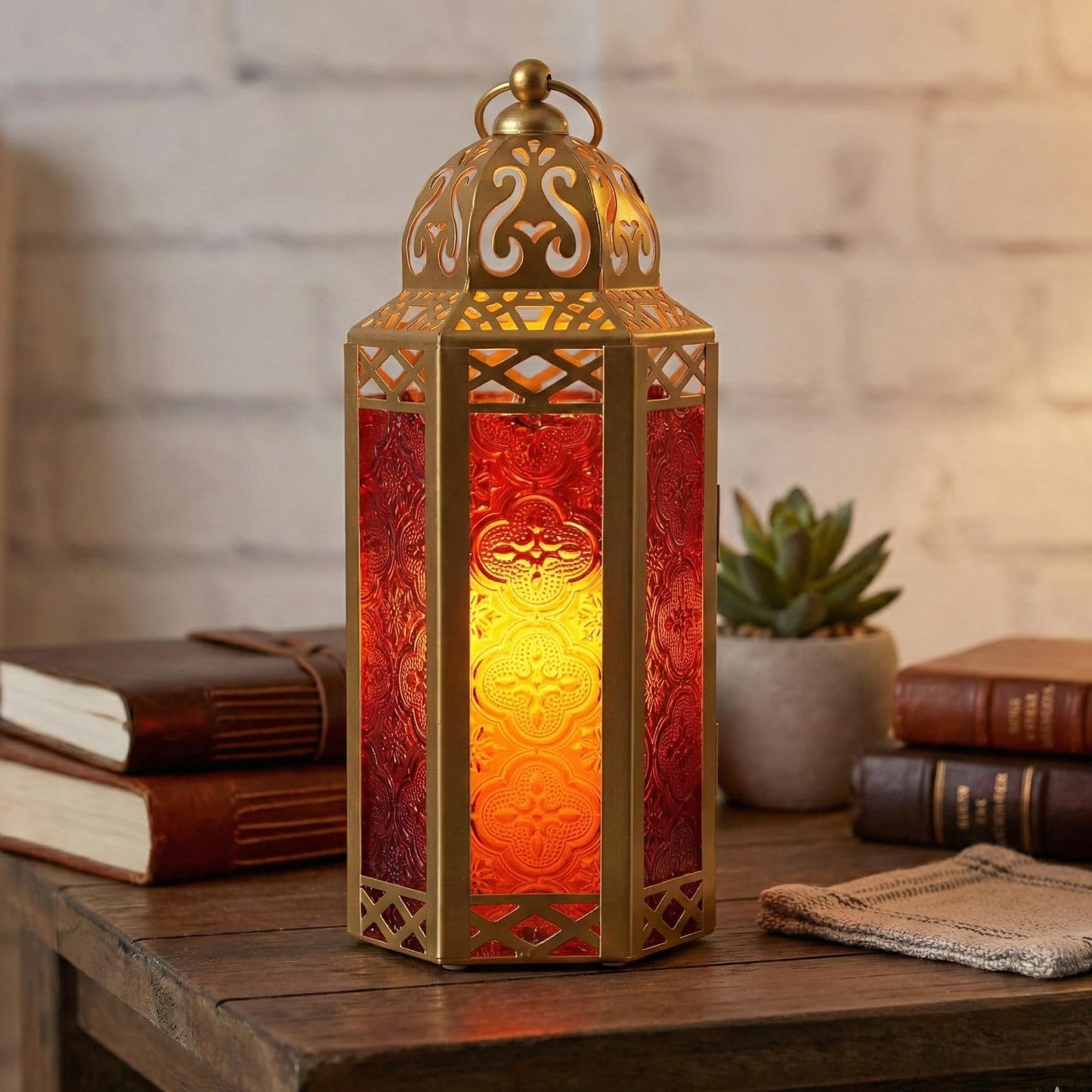 Gold Metal Decorative Moroccan Lantern Candle Holder Lamp - Indoor/Outdoor, Home Decor, Patio, Weddings, Christmas - Gold/Red Medium - PT08