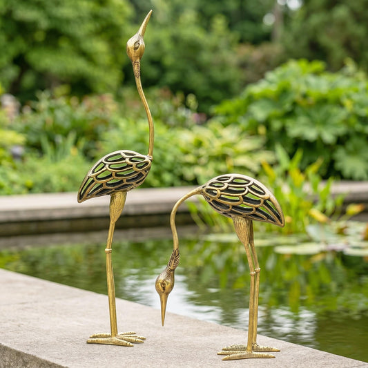 Cast Iron Metal Crane/Heron Bird Garden Sculptures Statues for Indoor or Outdoor Lawn Decor, Rustic Bronze, Set of 2 - Rustic Bronze Garden Crane Set of 2 - MAIN