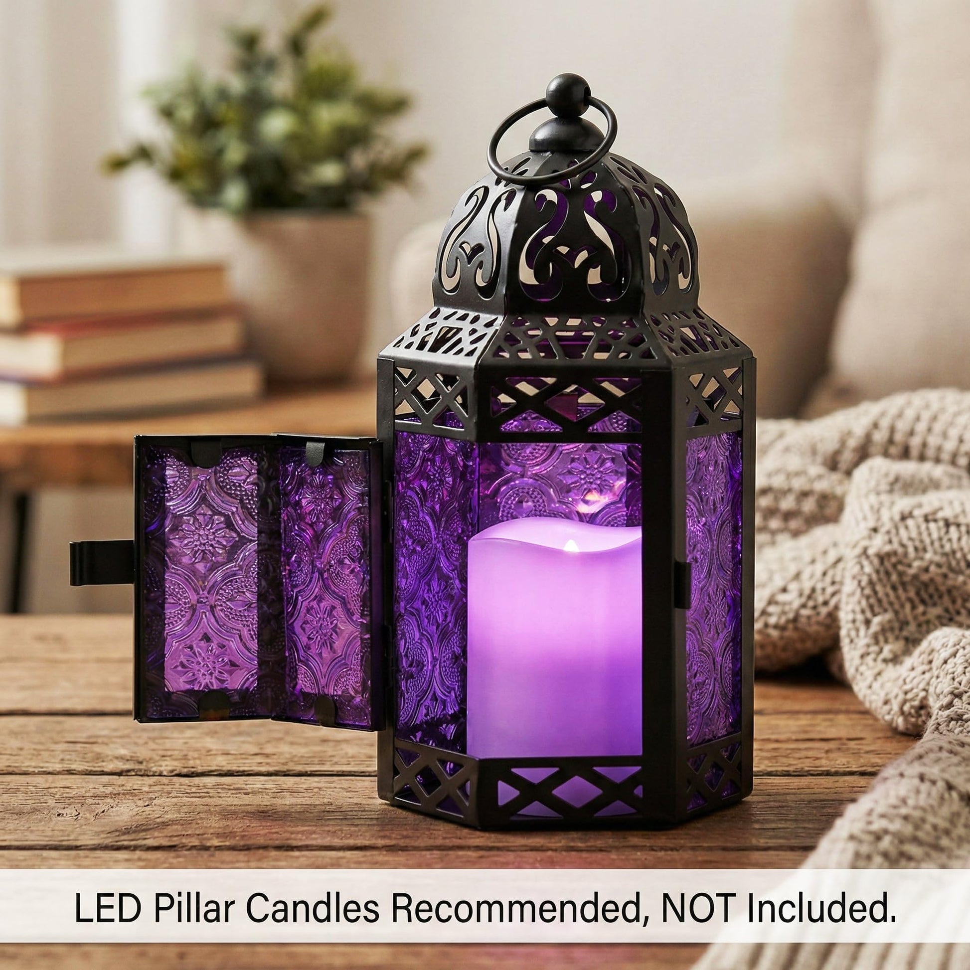 Black Metal Decorative Moroccan Lantern Candle Holder Lamp - Indoor/Outdoor, Home Decor, Patio, Weddings, Christmas - Purple Small - PT08