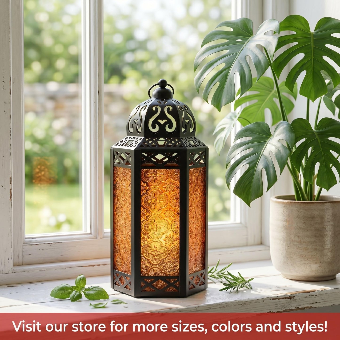 Black Metal Decorative Moroccan Lantern Candle Holder Lamp - Indoor/Outdoor, Home Decor, Patio, Weddings, Christmas - Amber Large - PT05