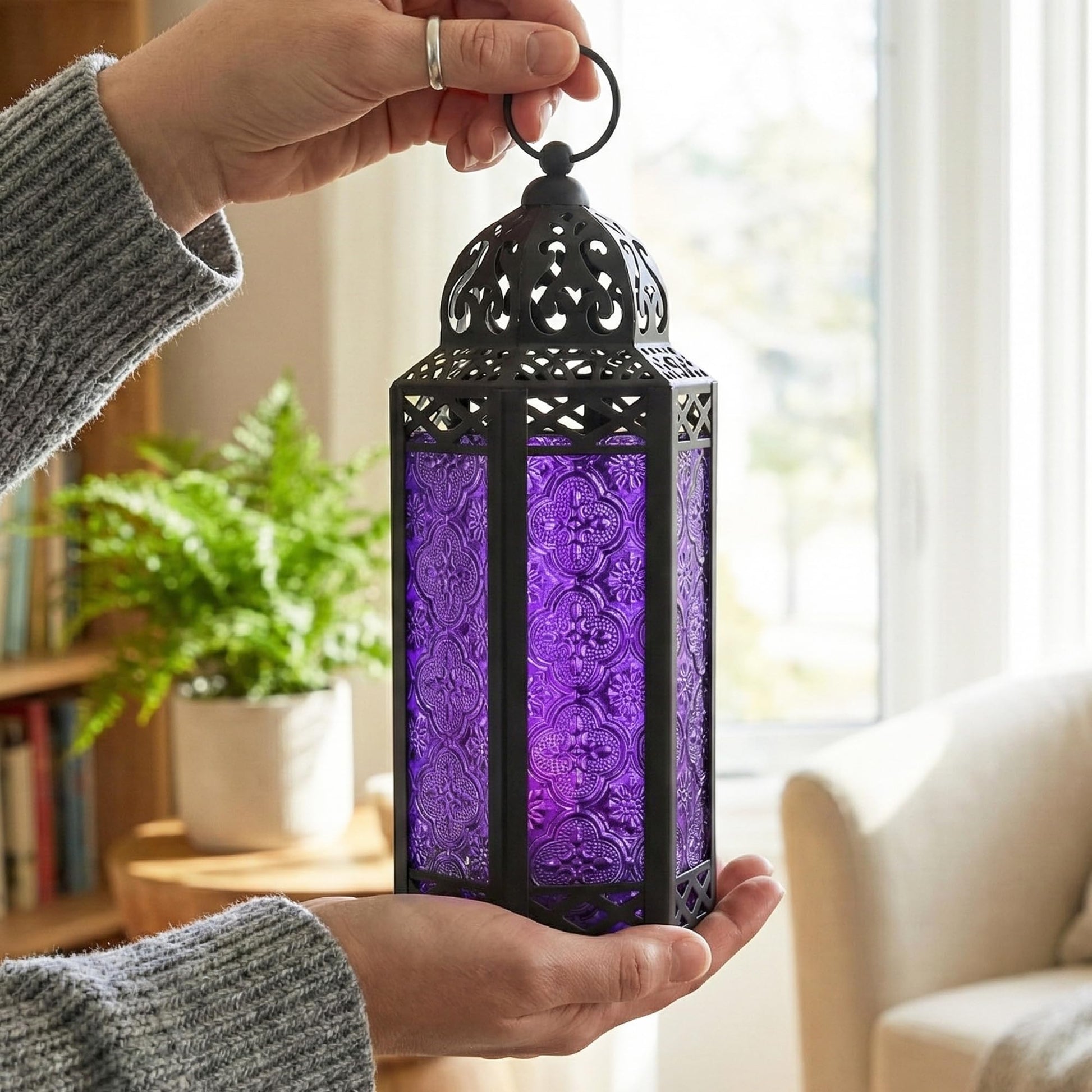 Metal Moroccan Decorative LED Fairy Lights Candle Lantern Holders for Indoor Home Fantasy Decor, Table Centerpieces, Outdoor Patio or Porch, Weddings, Medium - Purple Medium - PT05