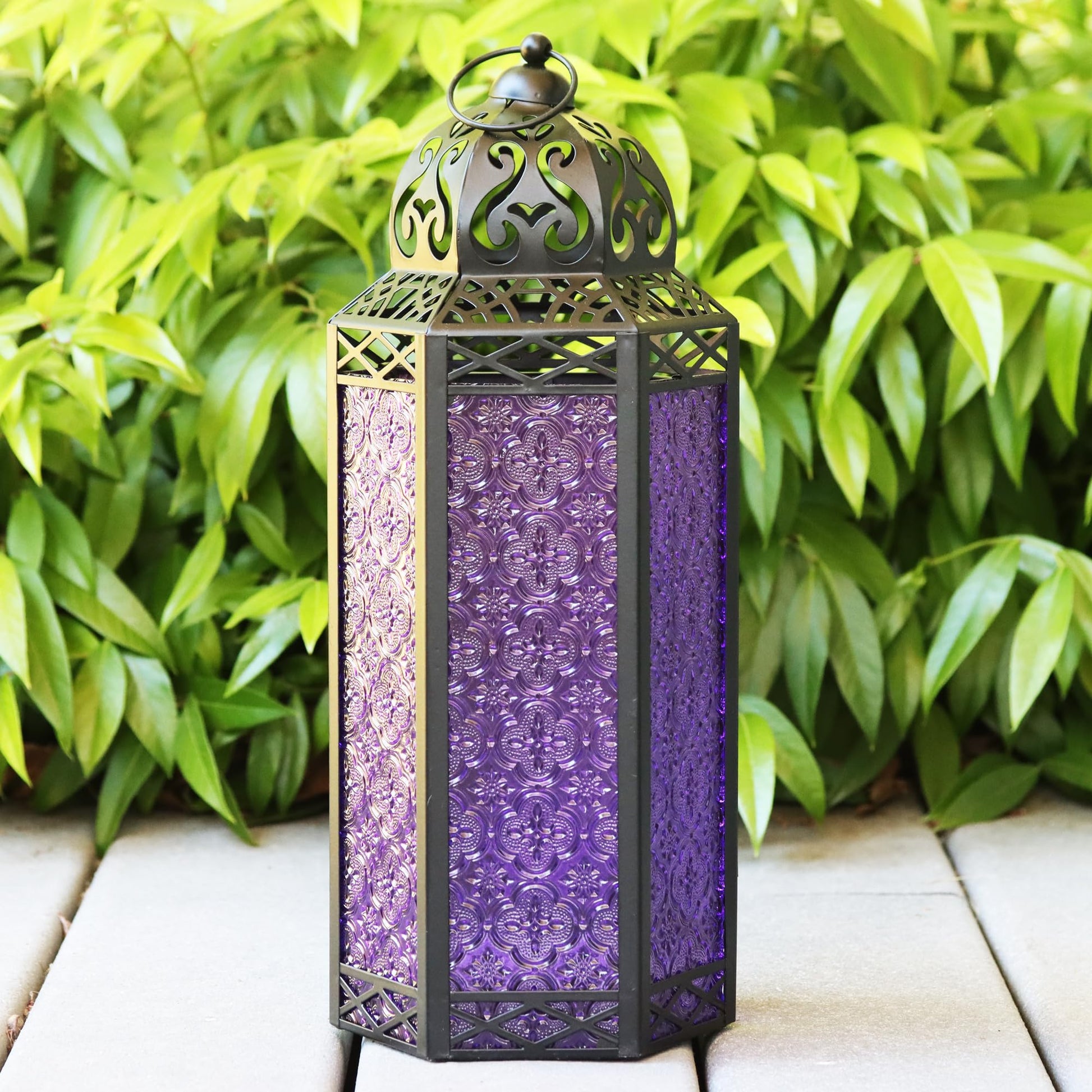 Set of 3 Purple Glass & Black Metal Moroccan Candle Lantern Holders (XL, Large, Small) - Decorative Indoor/Outdoor Decor for Patio, Floor, Weddings & Ramadan - Purple XL-LAR-SM - PT03