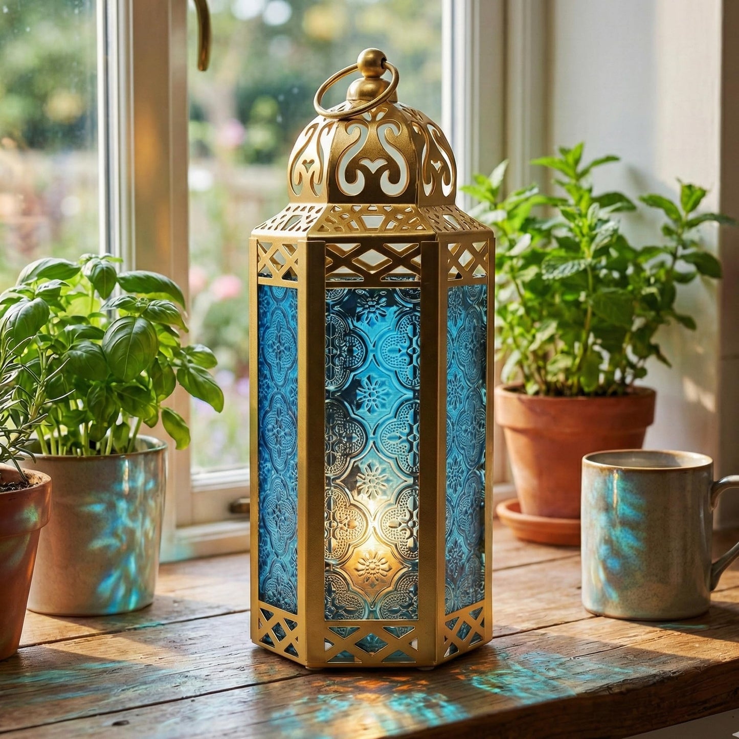 Gold Metal Decorative Moroccan Lantern Candle Holder Lamp - Indoor/Outdoor, Home Decor, Patio, Weddings, Christmas - Gold/Blue Medium - PT01