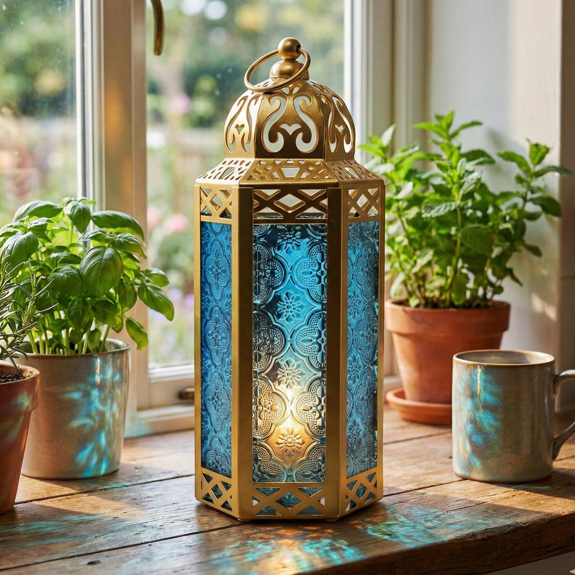 Gold Metal Decorative Moroccan Lantern Candle Holder Lamp - Indoor/Outdoor, Home Decor, Patio, Weddings, Christmas - Gold/Blue Medium - PT01