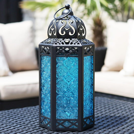 Black Metal Decorative Moroccan Lantern Candle Holder Lamp - Indoor/Outdoor, Home Decor, Patio, Weddings, Christmas - Blue Large - PT01