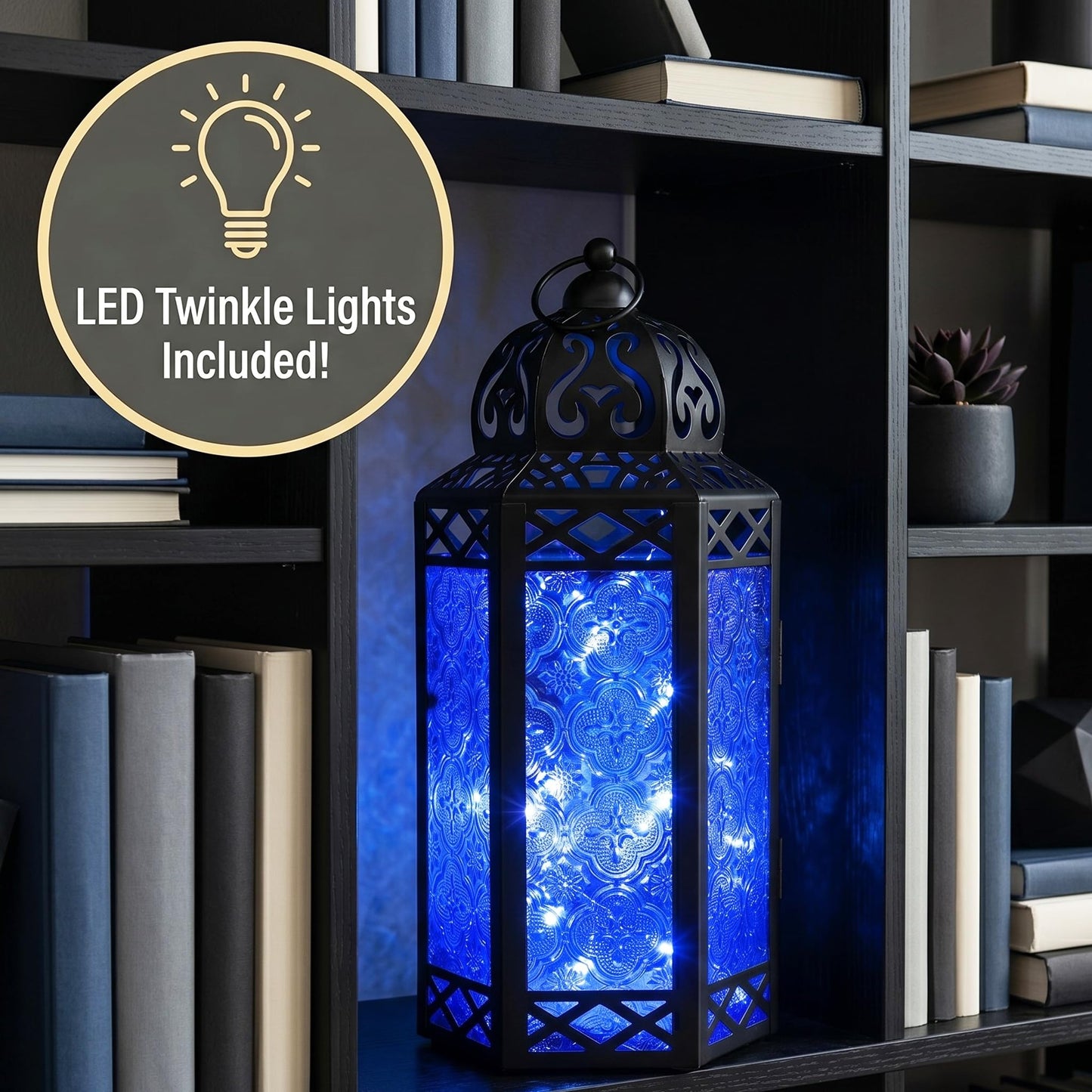 Metal Moroccan Decorative LED Fairy Lights Candle Lantern Holders for Indoor Home Fantasy Decor, Table Centerpieces, Outdoor Patio or Porch, Weddings, Medium - Cobalt Large - PT01