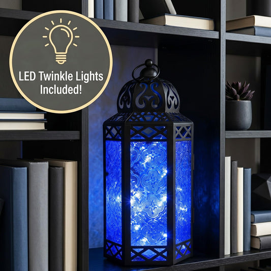 Metal Moroccan Decorative LED Fairy Lights Candle Lantern Holders for Indoor Home Fantasy Decor, Table Centerpieces, Outdoor Patio or Porch, Weddings, Medium - Cobalt Large - PT01