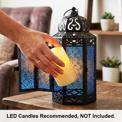 Black Metal Decorative Moroccan Lantern Candle Holder Lamp - Indoor/Outdoor, Home Decor, Patio, Weddings, Christmas - Cobalt Large - PT07