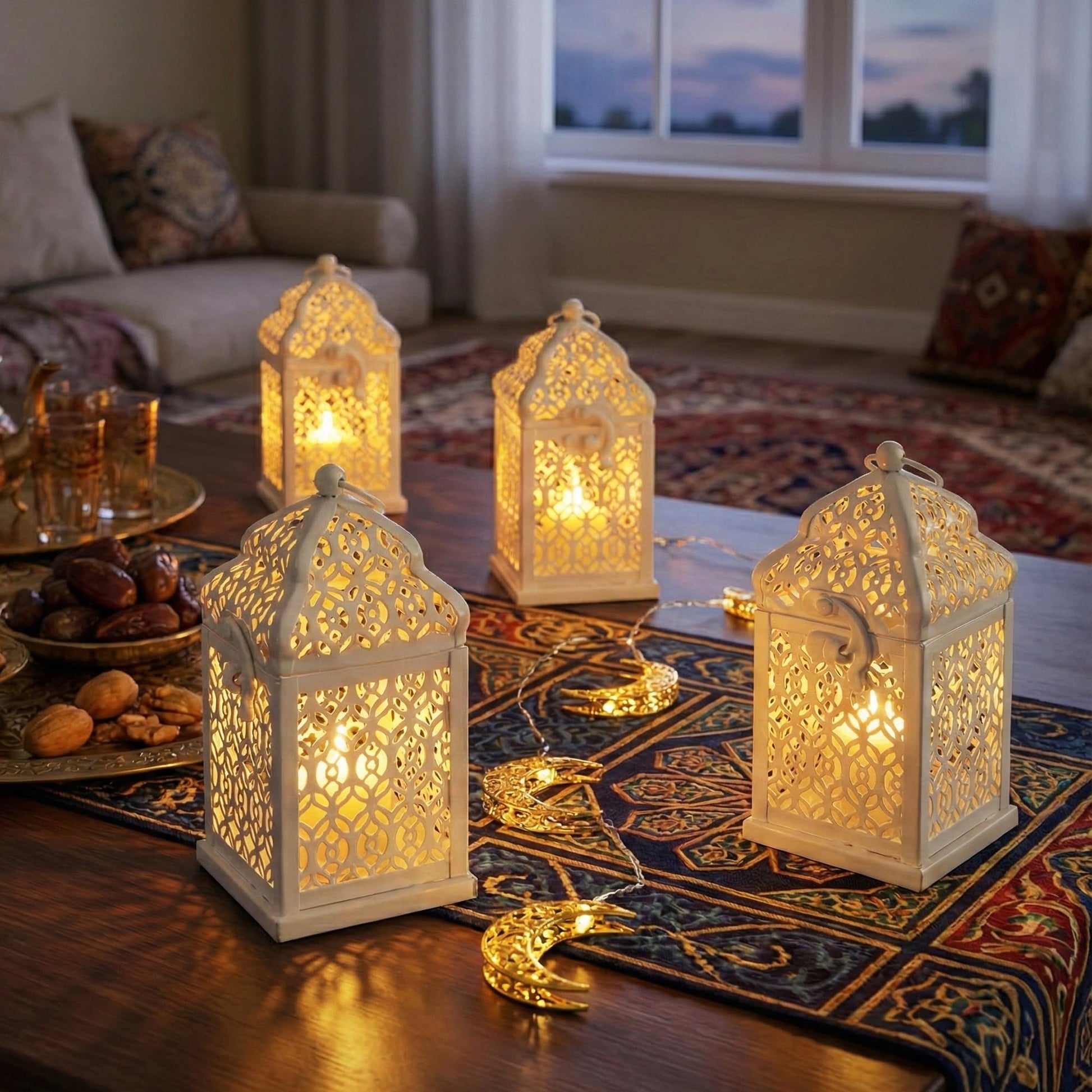 Mini Golden Tower Temple Moroccan Lantern Lamp Decorative Candle Holders for Ramadan Decorations, Hanging, Outdoor Patio or Porch, Indoor Home Decor, Set of 4 - White Mini - PT02