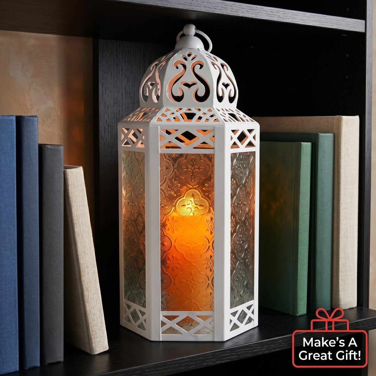 Black Metal Decorative Moroccan Lantern Candle Holder Lamp - Indoor/Outdoor, Home Decor, Patio, Weddings, Christmas - White/Clear Large - PT08