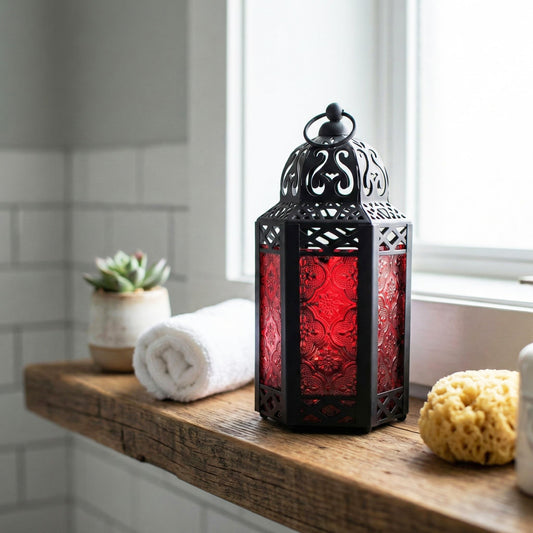 Black Metal Decorative Moroccan Lantern Candle Holder Lamp - Indoor/Outdoor, Home Decor, Patio, Weddings, Christmas - Red Small - PT01