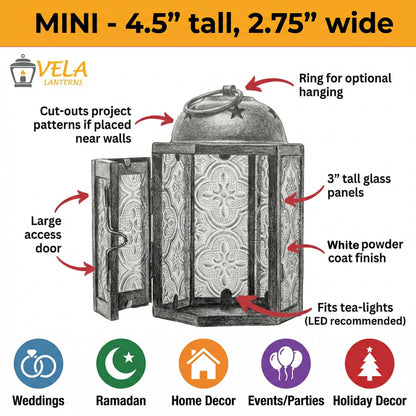 Mini Moroccan Tea Light Candle Holder Lanterns – 4.25" Small Decorative Lantern for Table or Hanging, Metal with Glass Panels – Ramadan, Wedding, Home Decor, Ma - Matte White 4 - PT04