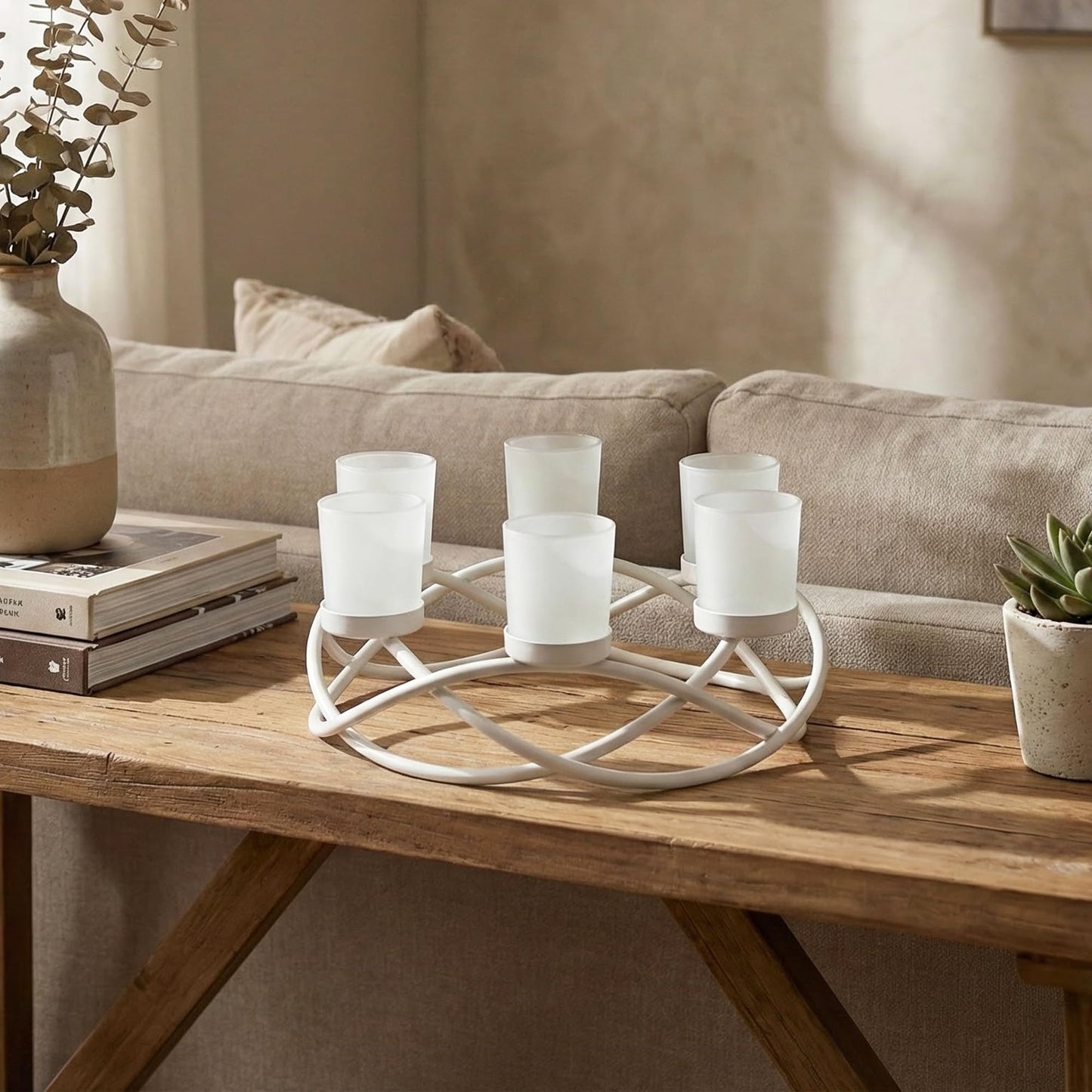 Iron Round Table Decor Centerpiece Decorations Candle Holder for Weddings, Outdoor Patio, Kitchen, Dining Room, and Coffee Tables, Glass Votive Tealight Holders - White 6-Cup - PT05