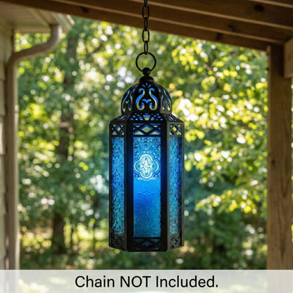 Black Metal Decorative Moroccan Lantern Candle Holder Lamp - Indoor/Outdoor, Home Decor, Patio, Weddings, Christmas - Blue Medium - PT08