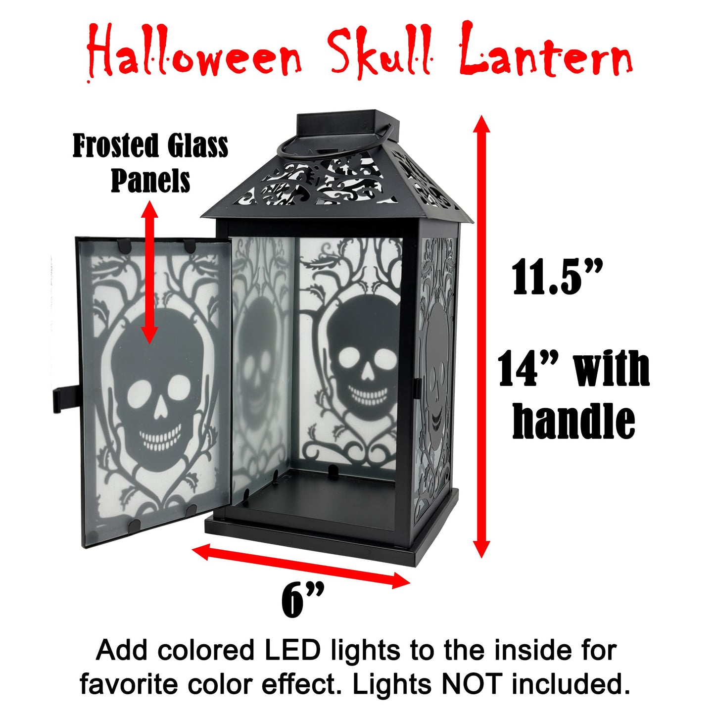 11.5" Halloween Skull Candle Lantern - Decorative Spooky Tabletop Light for Haunted House, Gothic Home, Front Porch & Party Decor, Metal with Frosted Glass (Can - PT04