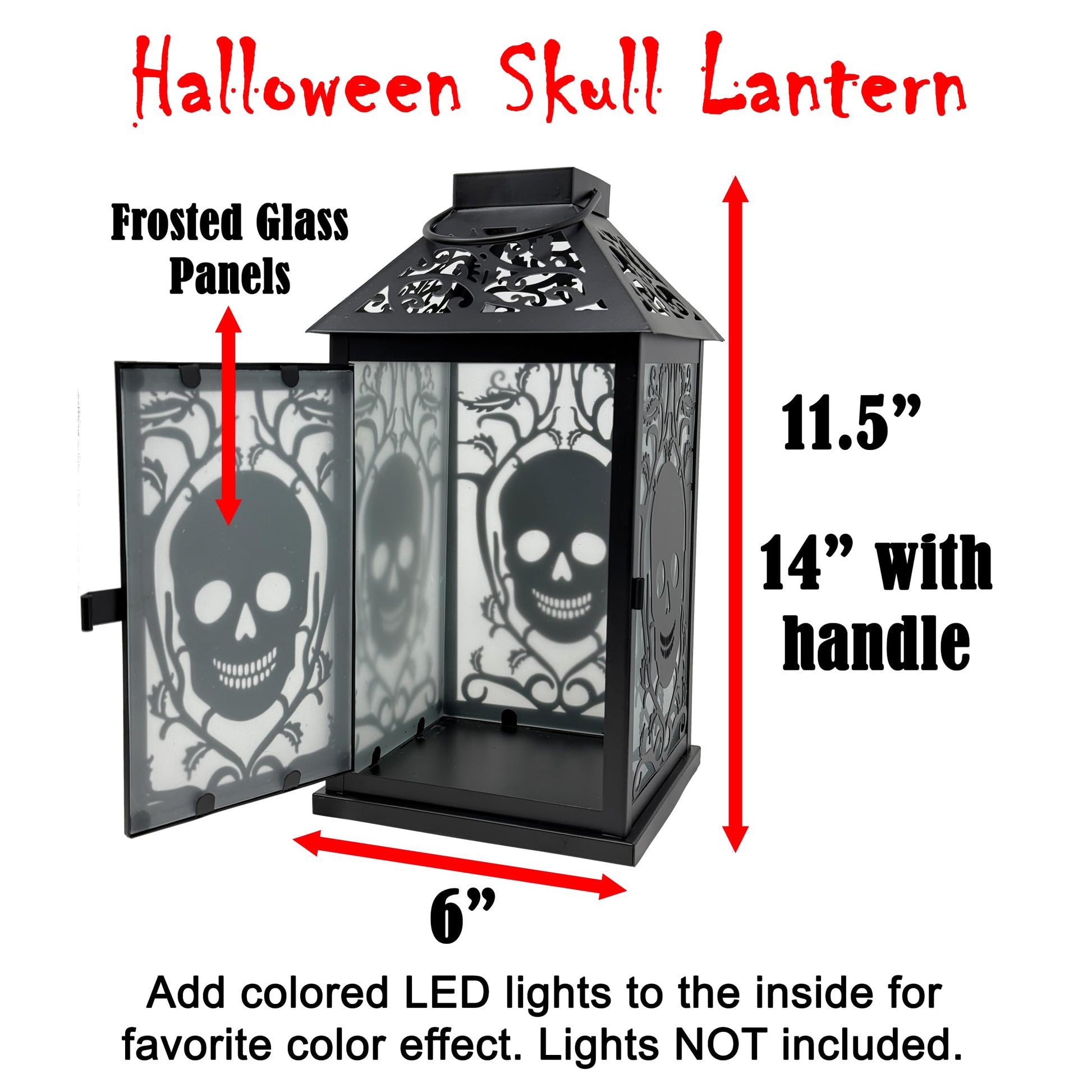 11.5" Halloween Skull Candle Lantern - Decorative Spooky Tabletop Light for Haunted House, Gothic Home, Front Porch & Party Decor, Metal with Frosted Glass (Can - PT04
