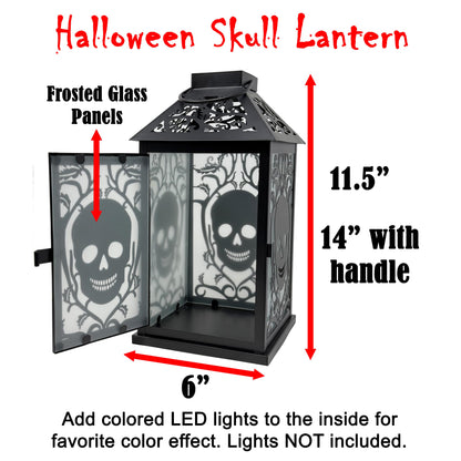 11.5" Halloween Skull Candle Lantern - Decorative Spooky Tabletop Light for Haunted House, Gothic Home, Front Porch & Party Decor, Metal with Frosted Glass (Can - PT04