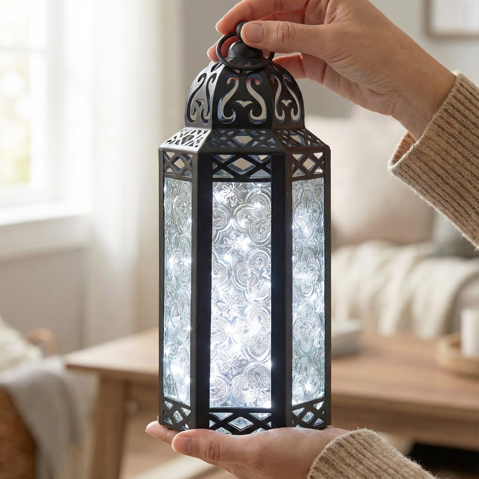 Metal Moroccan Decorative LED Fairy Lights Candle Lantern Holders for Indoor Home Fantasy Decor, Table Centerpieces, Outdoor Patio or Porch, Weddings, Medium - Clear Medium - PT05
