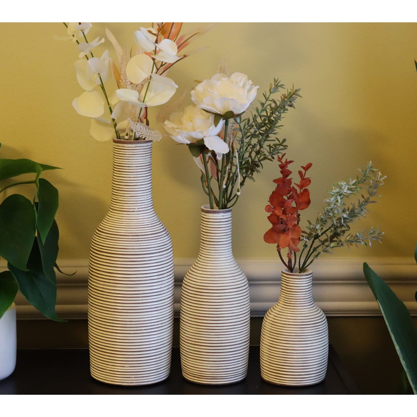 Modern Rustic Farmhouse Boho White Vase Set for Flowers, Decor, Shelf or Cabinet - White 11" + 8" + 5" - PT01