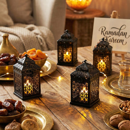 Mini Golden Tower Temple Moroccan Lantern Lamp Decorative Candle Holders for Ramadan Decorations, Hanging, Outdoor Patio or Porch, Indoor Home Decor, Set of 4 - Black Mini - PT03