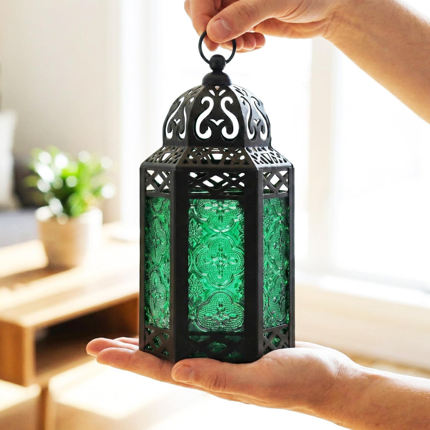 Black Metal Decorative Moroccan Lantern Candle Holder Lamp - Indoor/Outdoor, Home Decor, Patio, Weddings, Christmas - Green Small - PT06