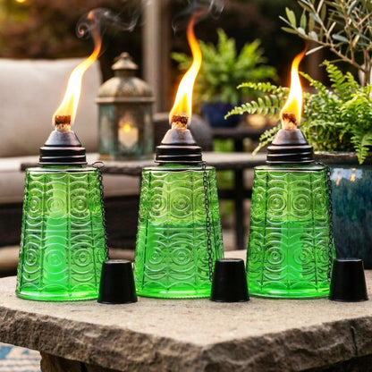 Citronella Table Top Torches for Outdoor Patio, 16oz Decorative Glass Torch Citronella Candles for Outside Deck, Garden, Parties, Set of 3, Green - Green - MAIN