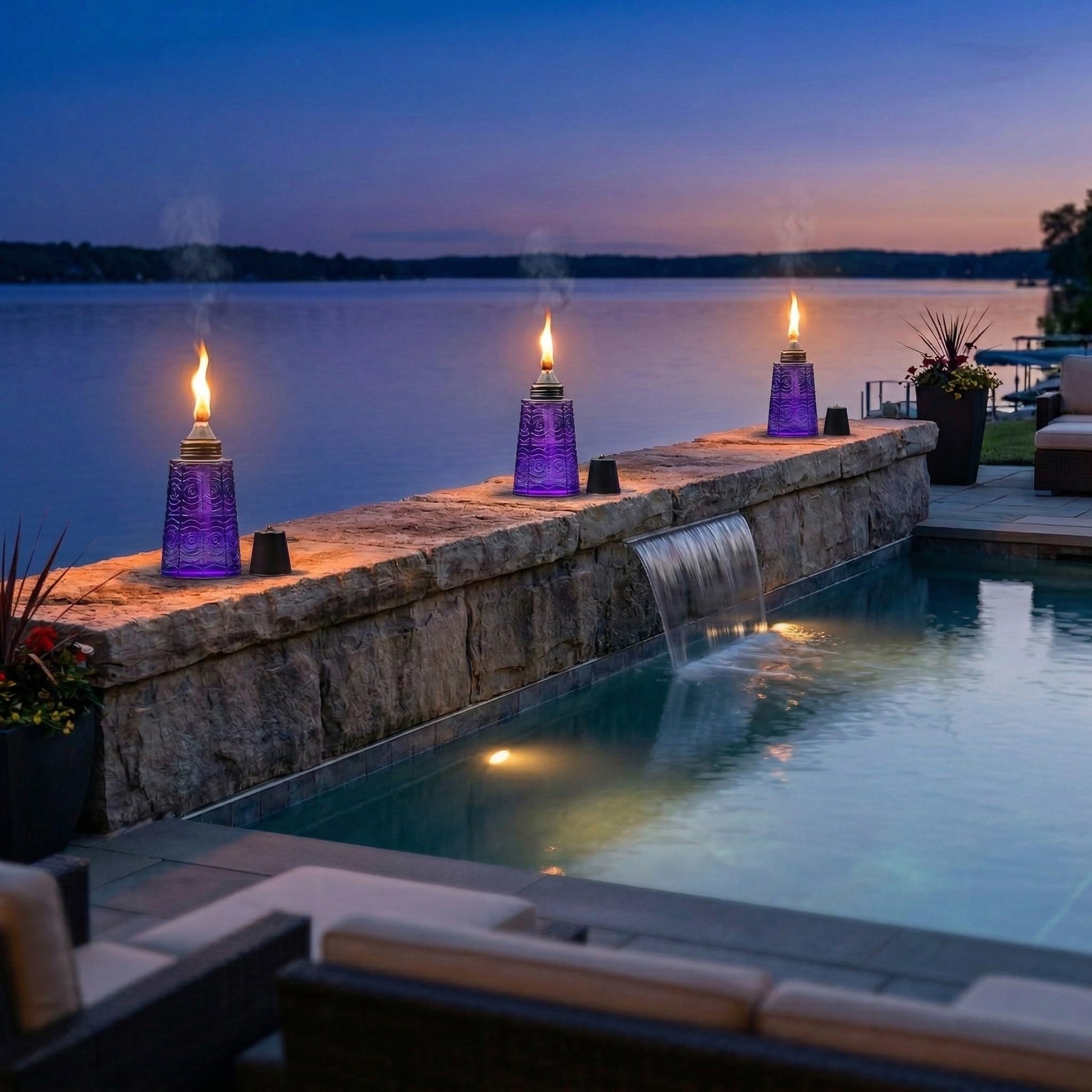 Citronella Table Top Torches for Outdoor Patio, 16oz Decorative Glass Torch Citronella Candles for Outside Deck, Garden, Parties, Set of 3, Purple - Purple - PT06
