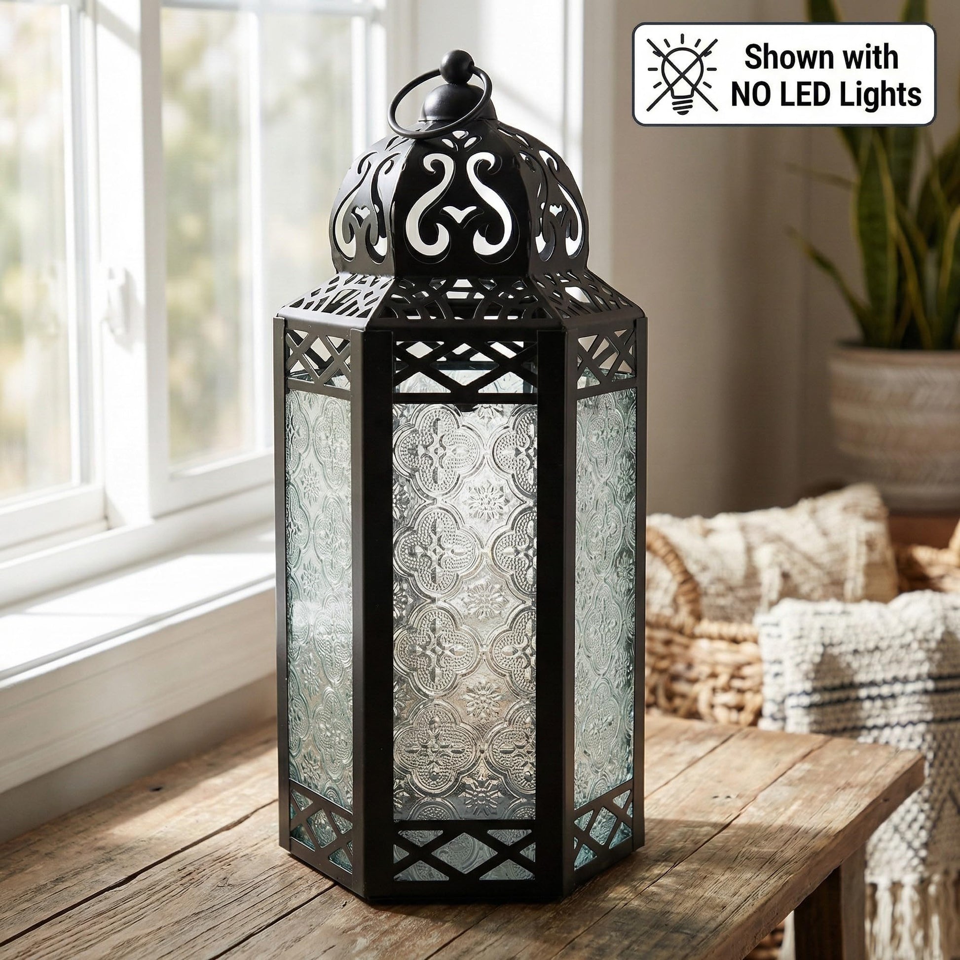 Metal Moroccan Decorative LED Fairy Lights Candle Lantern Holders for Indoor Home Fantasy Decor, Table Centerpieces, Outdoor Patio or Porch, Weddings, Medium - Clear Large - PT08