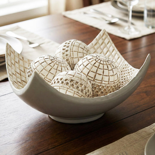5pc Scoop Bowl Table Centerpieces for Dining Room, Large Decorative Bowls for Coffee Table Decor, Kitchen, Orbs/Balls Included, 14" diagonal. 11" wide and 5.75" - White 11 inches wide and 5.75 inches tall - MAIN