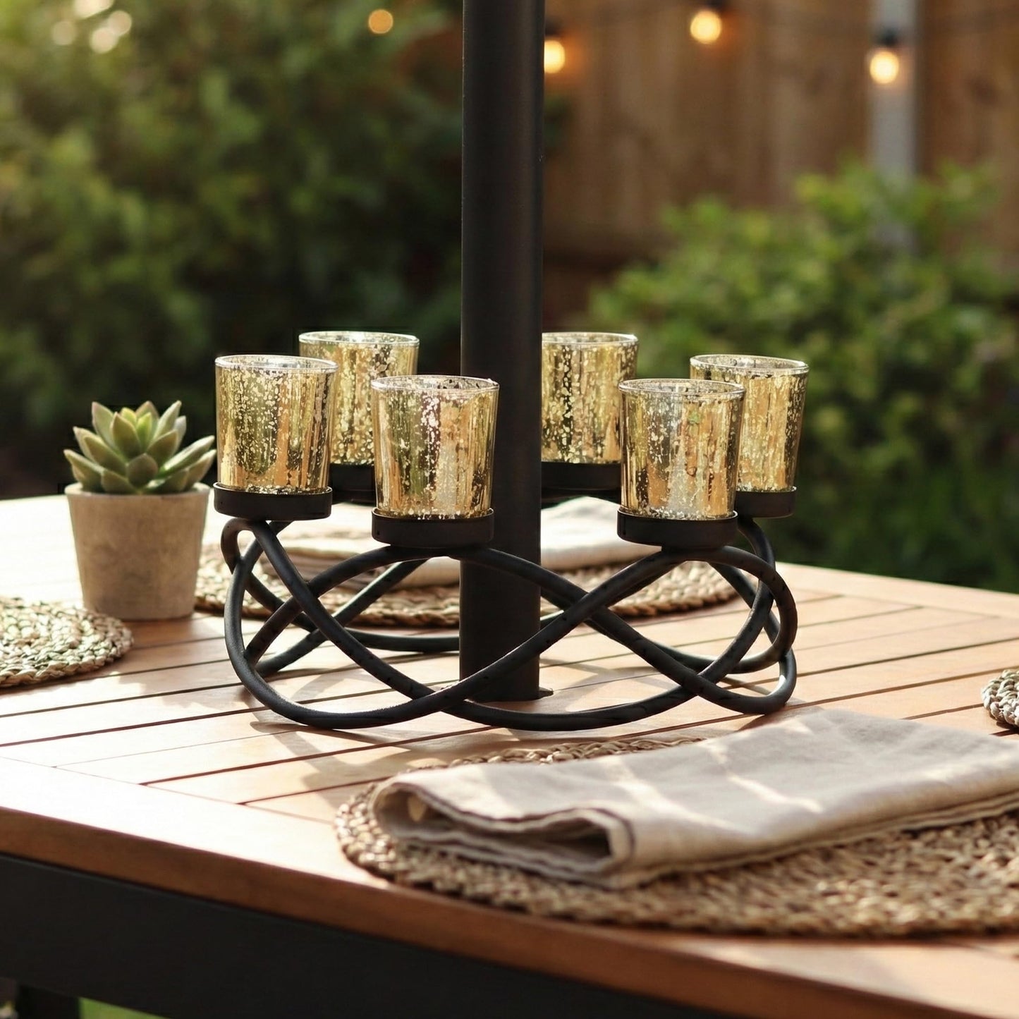 Iron Round Table Decor Centerpiece Decorations Candle Holder for Weddings, Outdoor Patio, Kitchen, Dining Room, and Coffee Tables, Glass Votive Tealight Holders - Black/Gold 6-Cup - PT02
