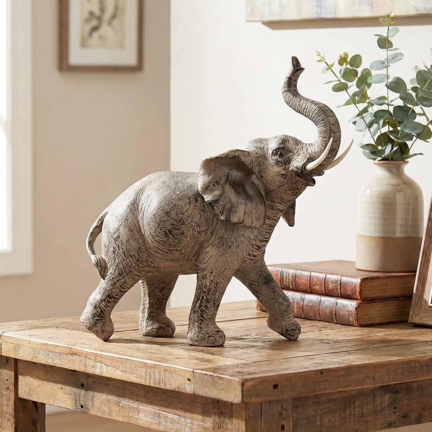 Large 13" African Elephant Statue Gifts for Women, Big Elephant Decor Scuplture with Trunk Up for Home Decor - Brown Large Elephant with Trunk Up - PT01